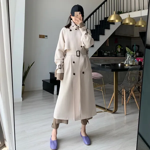 여성 더블 롱 트렌치 코트 시크한 업그레이드로 클래식한 브리티시 롱 트렌치코트 무