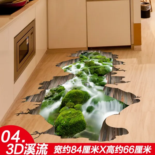 장판 3D입체 모방 원형 연꽃 바닥스티커 금붕어 벽지 문입구 아이디어 바닥 벽그림, T04-04 3D시냇물, 기본