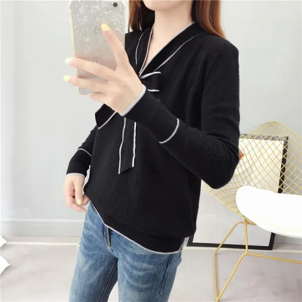 Kirahosi 여성 브이넥 리본타이 슬림핏 골지 니트티 데일리룩 + 덧신증정 Cpjbigmv