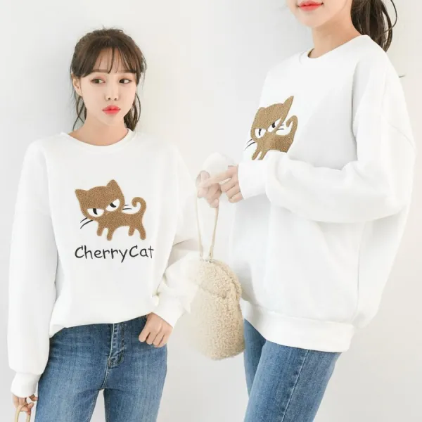 Chicme 시크미 여성 체리 캣 자수 기모 안감 맨투맨 티셔츠