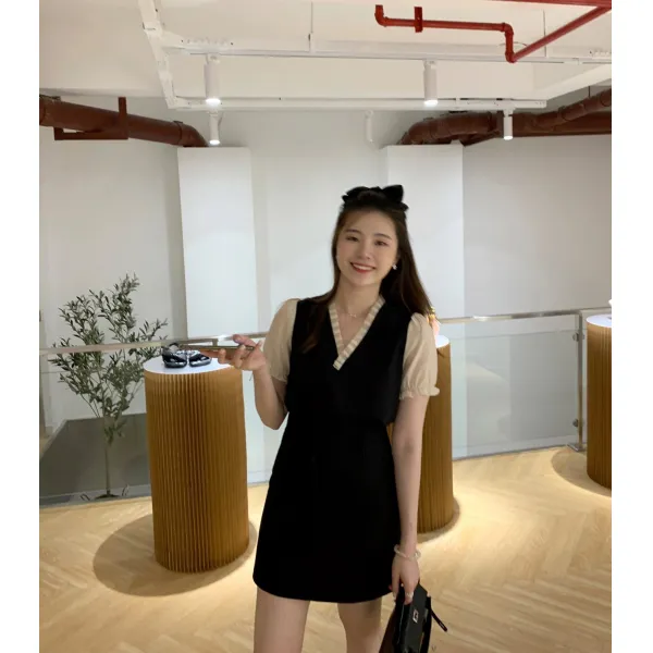 ASM ANNA 흑백 스몰 헵번 ~ 스티치 디자인 감각 세 심하게 머신 스커트 프렌치 틈새 드레스