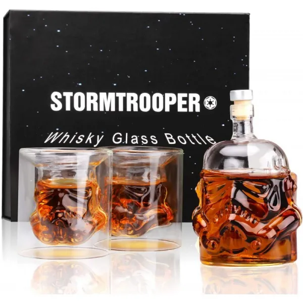 MINGYALL 투명한 창조적 인 위스키 경사 기 세트 2 개의 유리를 가진 Stormtrooper 병 위스키 물병 위스키 보드카 및 포도