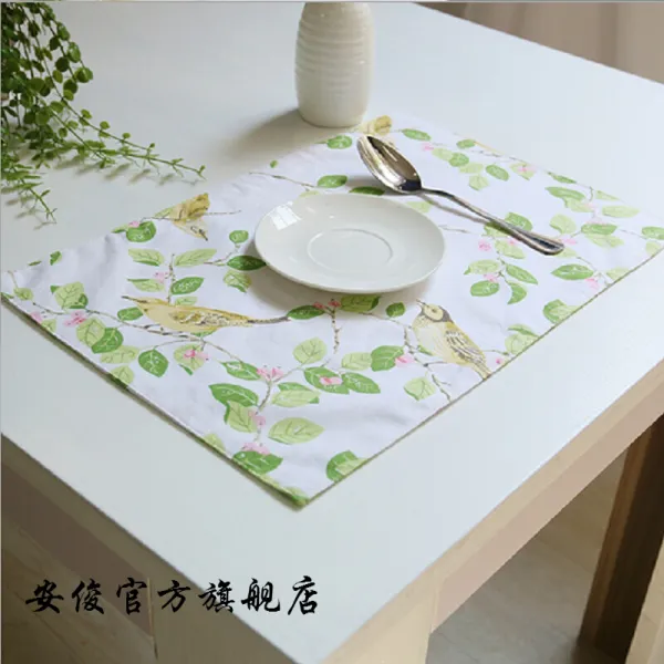 안 준 면 전원 양식 매트 식탁보 순면 식탁컵 받침 패 널 널 널 브 로 크 래 쉬 가드 식기판 한식 컵 받침 일 용 보 예 버드 플 로 리스트 쿠션 32 * 45cm 네 벌 세트, 상세페이지 참조