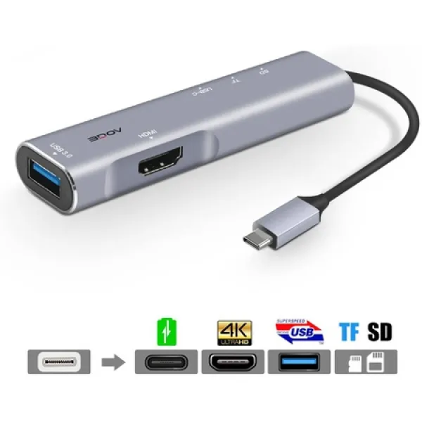 AOGE 4k Hdmisd tf 카드 판독기%2usb 타입 c 충전 포트usb 3.0 포트가 있는 usb c 허브(5 in 1) USB 타입, 상세 설명 참조0
