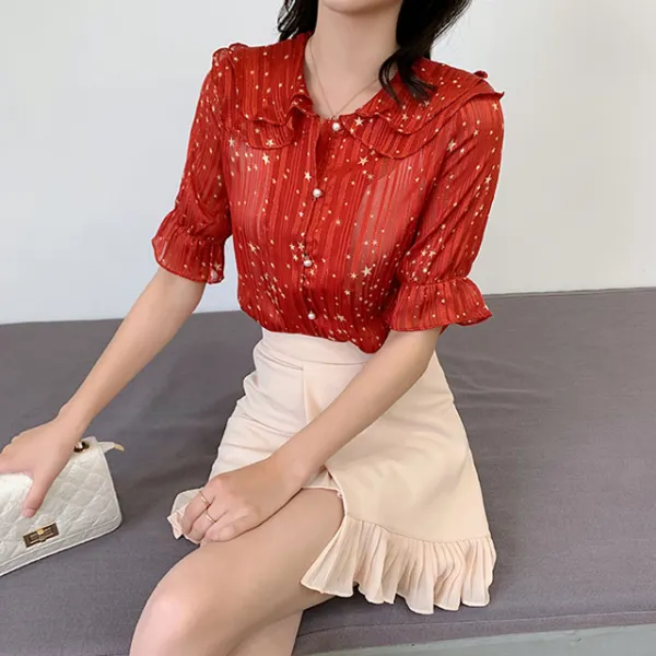  해외 레드 스타 더블 카라 쉬폰 여성 블라우스