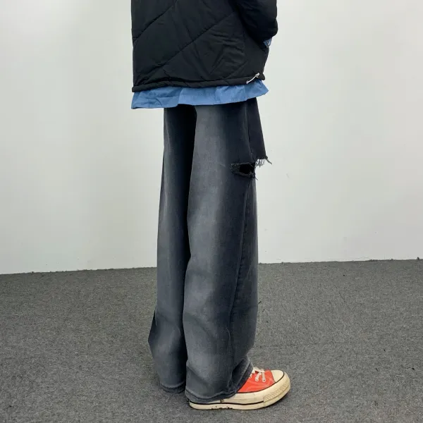 KORELAN ins 봄가을 트렌드 구멍 점점 넓어지다 다리 바지 헐렁하다 직통 캐주얼 청바지