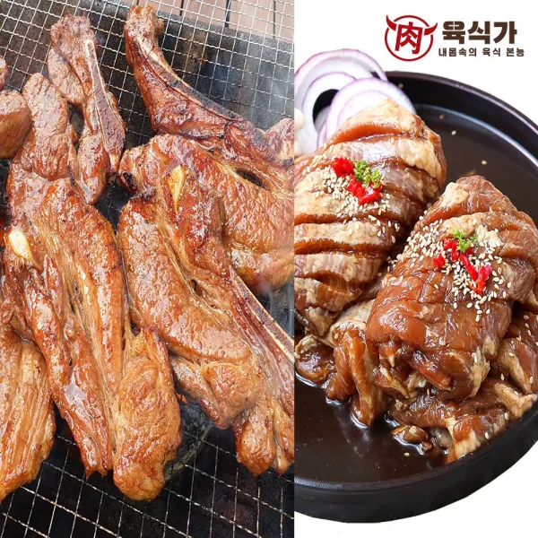 육식가 비법양념 국내산돼지갈비2kg+돼지양념구이1kg [3만원이상구매시한우떡갈비증정] 세로로 썰은 원조 갈비 밥반찬 술안주 숯불갈비, 3팩, 1kg
