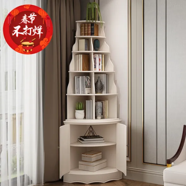 【설날 폐점 】 코너 책장 실목 전각 책꽂이 거실 다층가건물 미식 벽 구석 매장 창의적 부채형 전환장 흰색, 상세페이지 참조