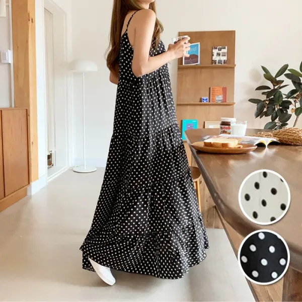  인기재진행/한정특가 온더리버 108007 롱앤롱 도트 슬리브리스 롱 원피스 여성 봄 여름 민소매 뷔스티에 루즈핏 오버핏 빅사이즈 땡땡이 나시 Ops