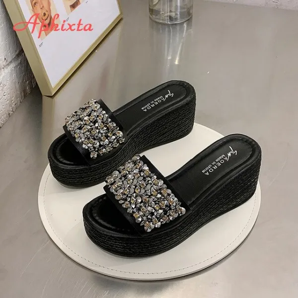 Aphixta 7cm 블랙 웨지 슬리퍼 여성 블링 다이아몬드 플랫폼 비치 스팽글 럭셔리 쥬얼리 샌들 방해물 신발