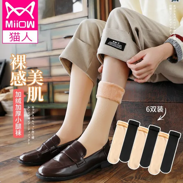 고양이(MiOW) 양말 6켤레 자녀 중 양말 습기 무릎 양말 반고통 길거리 눈밭 양말 블랙 3 피부색 3 프리사이즈