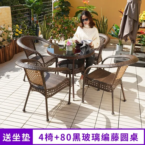 어반30 인테리어 등받이 라탄 의자 야외정원 편등탁의자 삼삼오오 세트 야외빌라 테, 4의자(방석송)+80흑유리이중원탁(2020 )