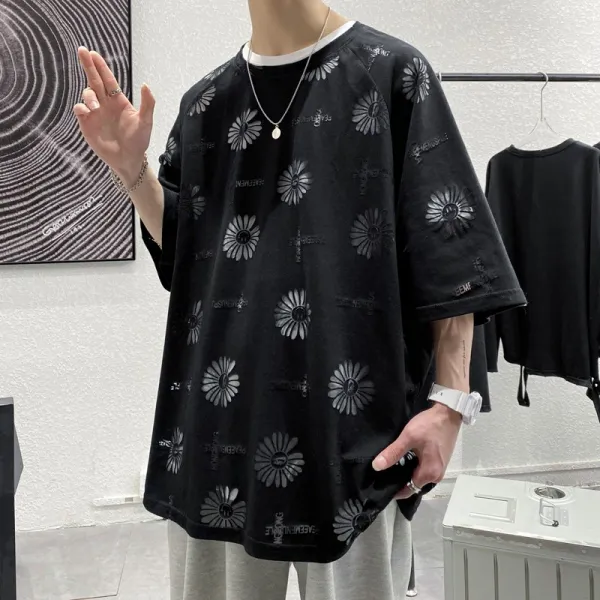 Jun.17 99번 핑크 티 남 반팔 여름 루즈핏 빅 사이즈 아이스 데이지 펀칭 상의 인스펀치 스트리트 티셔츠 낙담z