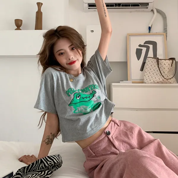 루다샵 캐릭터반팔티 CHIC 포가공 계 애니메이션 플라워 프린트 숏 여름 와이드 루즈핏 VINTAGE 정견 t셔츠 여성