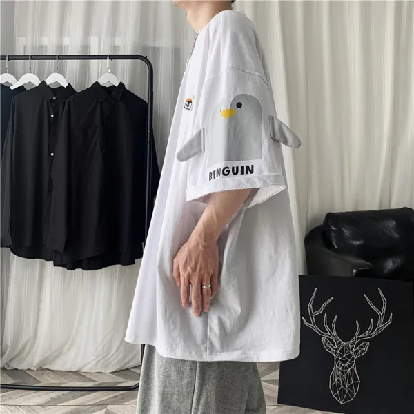 Jun.17 122번 멜로디 바람개비 여름 반팔 루즈핏 캐주얼 펭귄 티셔츠 남자 디자인 소군 5부 소매 Ins 트렌드 프린트낙담z