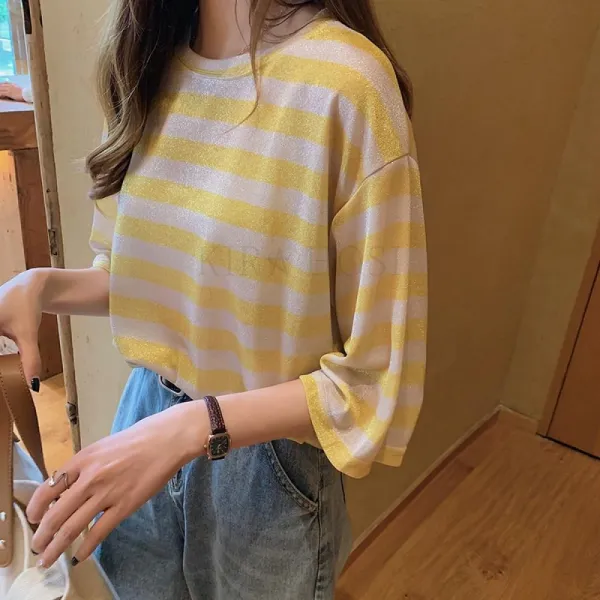 kirahosi 여자 여름 펄 스트라이프 단가라 5부 박시핏 반팔 티셔츠 + 스마트스트랩 증정 Ce42g7