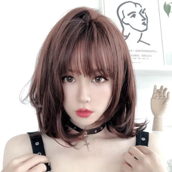 와이스트 단발가발 여성 인싸템 어깨를 나란히 함 중장발 한식 헤어컬 둥근얼굴 볼륨 짧은 롤 내추럴 핍진 통가발 1 초코스낵