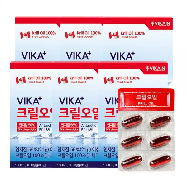 비카인 남극 크릴오일 100% 인지질 56% 이상 1300mg (아스타잔틴 오메가 다량함유), 30캡슐, 6박스