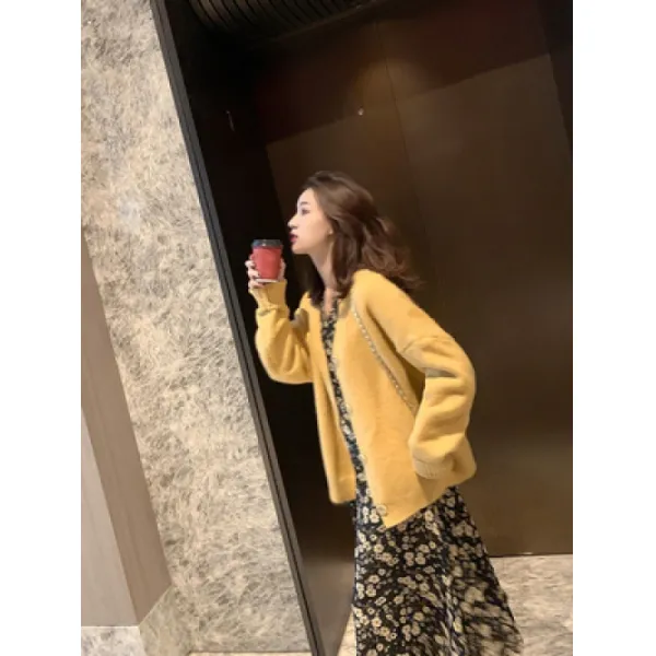 SUIHAN 낟알 광판 박시 V넥 털니트 카디건 여봄 나태풍순색조