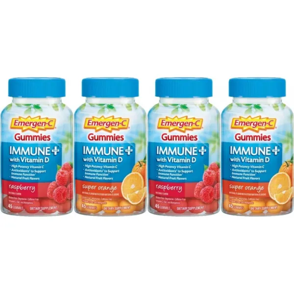 어머전씨 Emergen-C Immune+ Gummies 이뮨 비타민 C D3 B6 B12 비오틴 아연 망간 함유 종합 멀티비타민 구미 오렌지 라즈베리맛 45정 4병, x, 1개