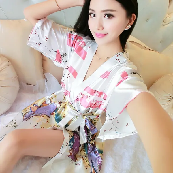 샤워가운 비스코스 치마잠옷 여성여름옷 비단 잠옷 여성 느낌 빈티지 기모노 끈이있는 목욕가운 홈웨어 T01 155 S C01 화이트 수양버들 미녀 두루마기