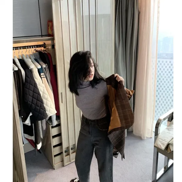 위파인더 네이키드 온정 속 가느다란 니트 여 기본 폴라 여 긴팔 상의
