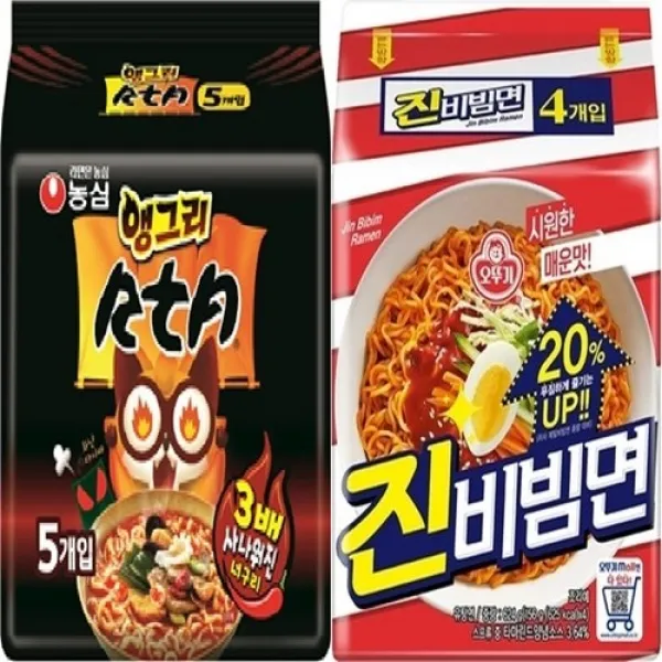 오뚜기 진비빔면 멀티(4입)1팩+ 농심 앵그리 RTA너구리 멀티(5입)1팩 총9봉, 9개