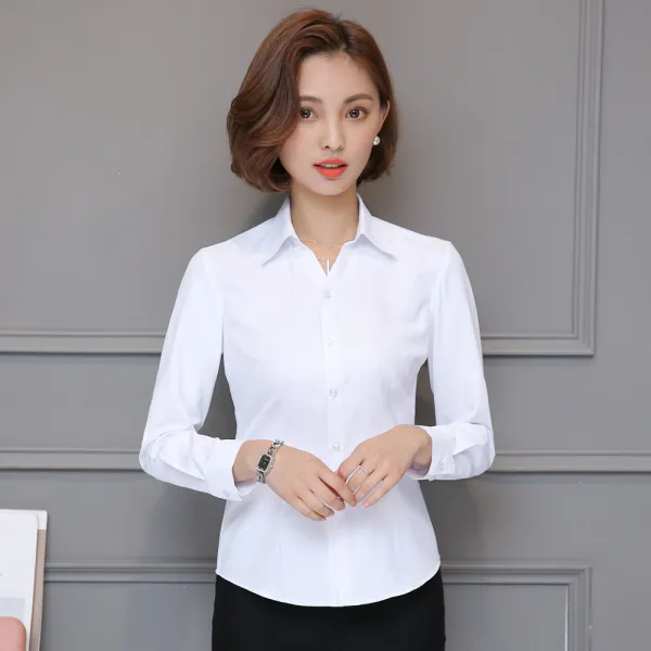 오피스룩 [] 흰와이셔츠 긴팔 오피스 스트라이프 V칼라슬림한스타일 작업복 정장 면접 출근 셔츠 여성패션