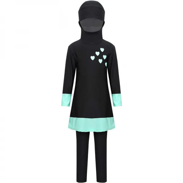 이지아이프 걸스 10대 2피스 수영복 히잡 겸양 버키니 수영복 풀바디 UPF 50+ 수영복 블랙&그린 5-6