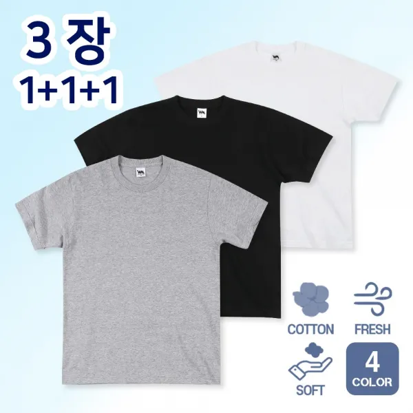 무지파워 1+1+1 남여공용 베이직 30수 순면 라운드 무지 반팔 티셔츠 3장 세트 4컬러 (3P) 무지반팔티