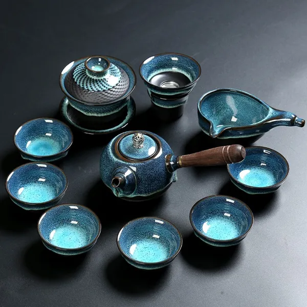 보여 건잔가마 균요 광휘 로얄킴스6인홈 룩 도자기 옆 손잡이 화상방지 가정용 다도 블루 박 유약 （서클 믹스 ）11 헤