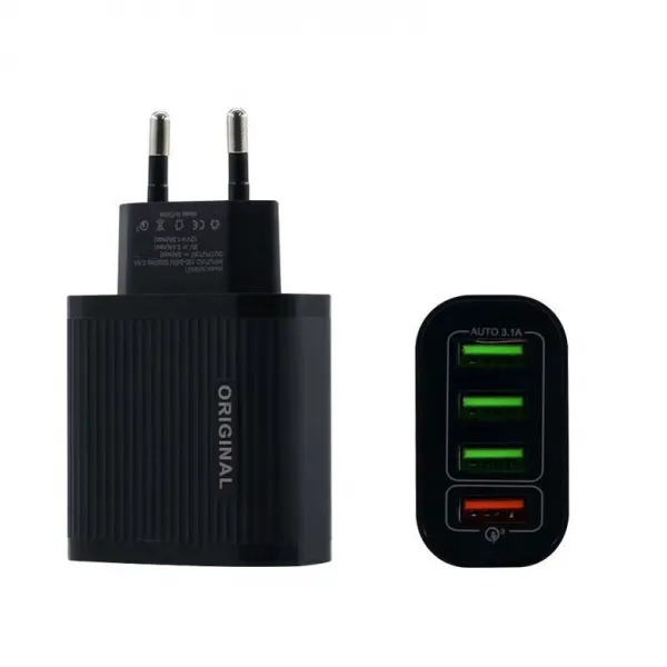 빠른 충전 QC3.0 3A 휴대전화 충전기, 개, 모든 검은 유럽 규정 [스트립 형 4 포트 QC 고속 충전]