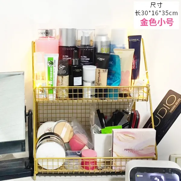 화장품 케이스 보관함 정리함 화장품 보관 상자 데스크탑 랙 철 스킨 케어 제품 보관 그물 레드 인 다층 책상 기숙사 유물, 색상 분류: [대담하고 두꺼운 내 하중 업그레이드] 폭군 황금 소형 LED 별빛 벨트
