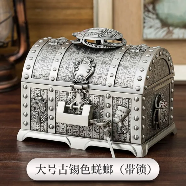북 유럽 스타일 복고풍 금속 공예 잠금 보석 상자 창조적 해적 보물 상자 보석 상자 보석 저장 상자 선물 상자 배설물 딱정벌레가있는 큰 고대 주석 색 잠금 포함 