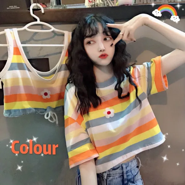 나시 YUKI ins스타일소녀 작은꽃 자수 짧은타입 조끼 T의기투합 색스트라이프 짧은소매 여성