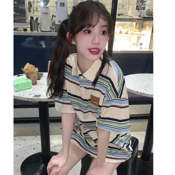 Sugar 게으르다 주말 데일리 클래식 올드스쿨 스트라이프 단가라 넥 여성
