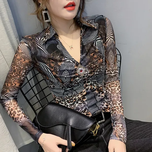 올봄 신망 올오버 셔츠 패션 프린트 상의 슬림핏 슬림 v넥 긴팔