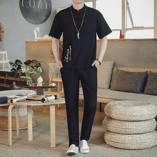 슬림 배기 섹시 스 티셔츠 남성 오버핏 반팔 카드 여름 중국풍 패션 남 V 1313긴바지 세트 블랙