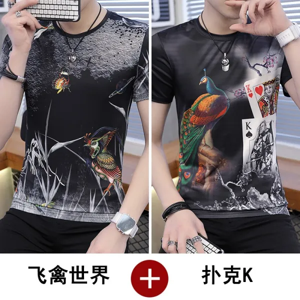 플라워프린트 라운드넥 얇은 동물 여름 청년 체형커버 M552770, 날짐승 세상 블랙 포커 K블랙