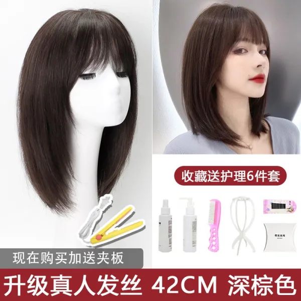 가발 가발녀 미디엄 롱 헤어스타일 전실물 머리 가발 세트 하진머리 단발머리 내츄럴 시뮬레이션 풀헤드, 단일옵션, 업그레이드 된 실제 머리 실크 42cm 다크 브라운