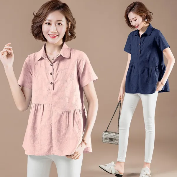 패션이루 미시 오피스룩 블라우스 여름 반팔 셔츠 프릴 슬림핏