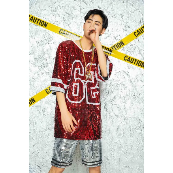 댄스복 성인 남성의 재즈 복무용 복연출 패션 모던 글리터 힙합 T셔츠 춤공연, C01-62레드