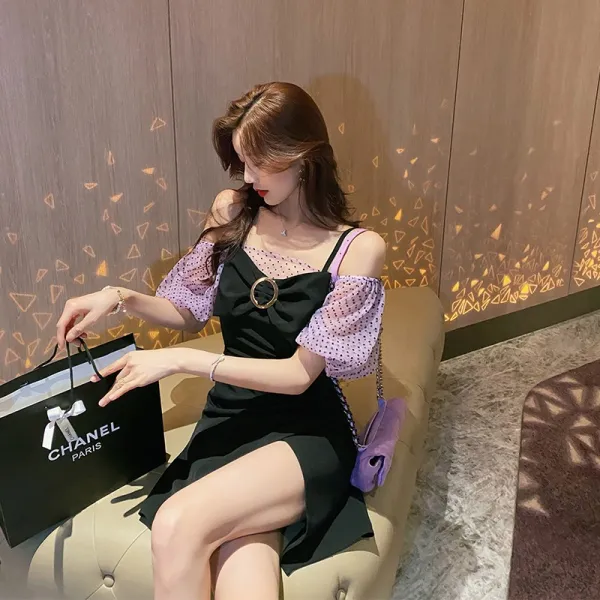 어 린 V 넥 나시 원피스 여름 여장 벌룬 소매 스커트 하이 웨이스트 미디