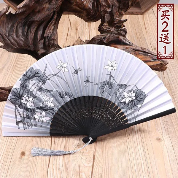 부채 (+덮개+펜던트)삼생삼세 십리 복숭아꽃 일식 쥘 클래식한 고풍 선물, T08-연꽃 잠자리 흑골재, 기본