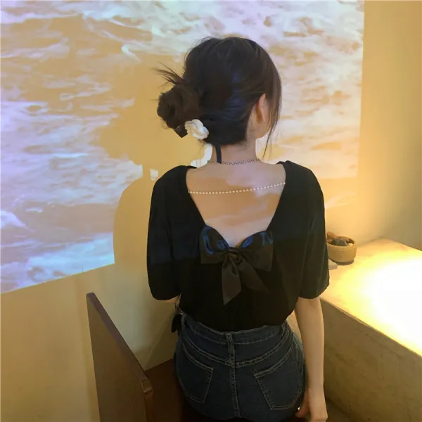 흰색티셔츠 등트임 여름철 디자인감각 보이핏 볼륨 나비넥타이 달콤하고 맵다 숏 상의 트렌드 3770970081