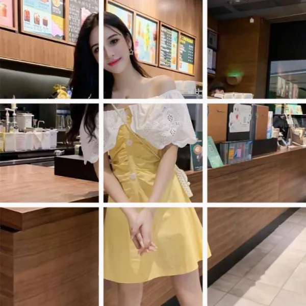 프랑스식 소중수 허리 오프숄더 레이스 레이어드 일자 넥 원피스 스커트