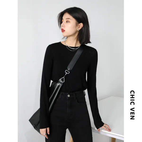 체형커버니트 CHICVEN 되돌아오다 학교 심플 베이스 슬림 롤업 턴업 소프트 솔리드 여성 이너니트 가을 2514037729