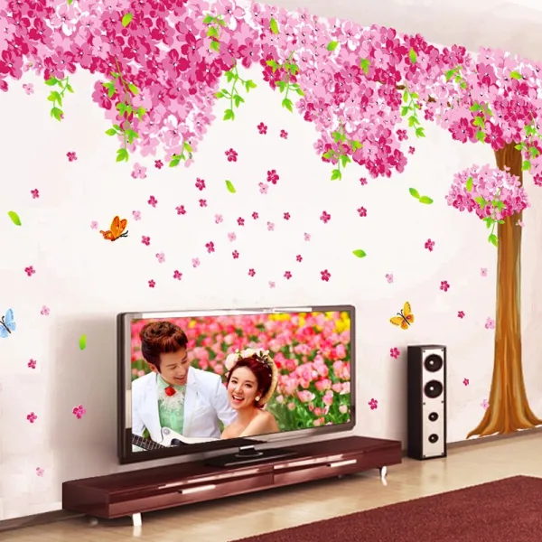 밀꽃 송이 대형 따스한 벽 스티커 거실 거실 tv 배경벽 장식품 벽면 벽지 벽지 접착 3. 벚꽃 2장 + 나무줄기 1개 특대호 나비 9 마리 선물