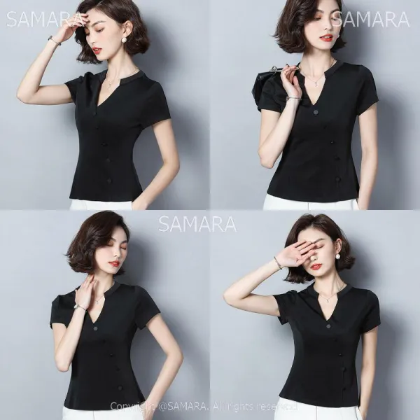 Qterra 특허브랜드 A2930 여성 반팔 브이넥 티셔츠 셔츠 블라우스 슬림