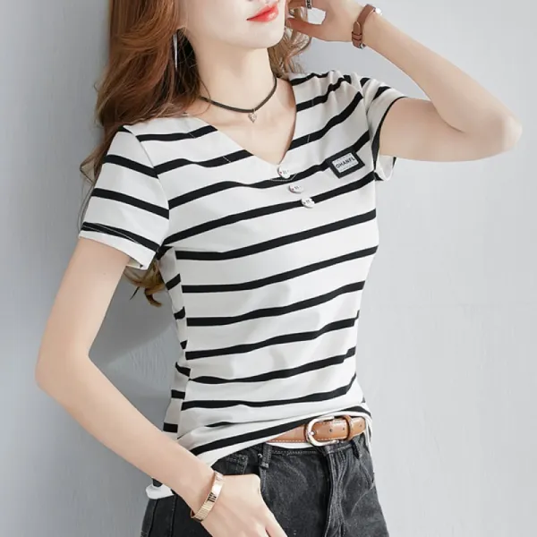 Bona 여성반팔티셔츠 반소매티셔츠 여름반팔티 루즈핏티셔츠 셔츠블라우스 반팔면티셔츠 반팔브이넥티셔츠 빅사이즈 신상티셔츠 Bho15
